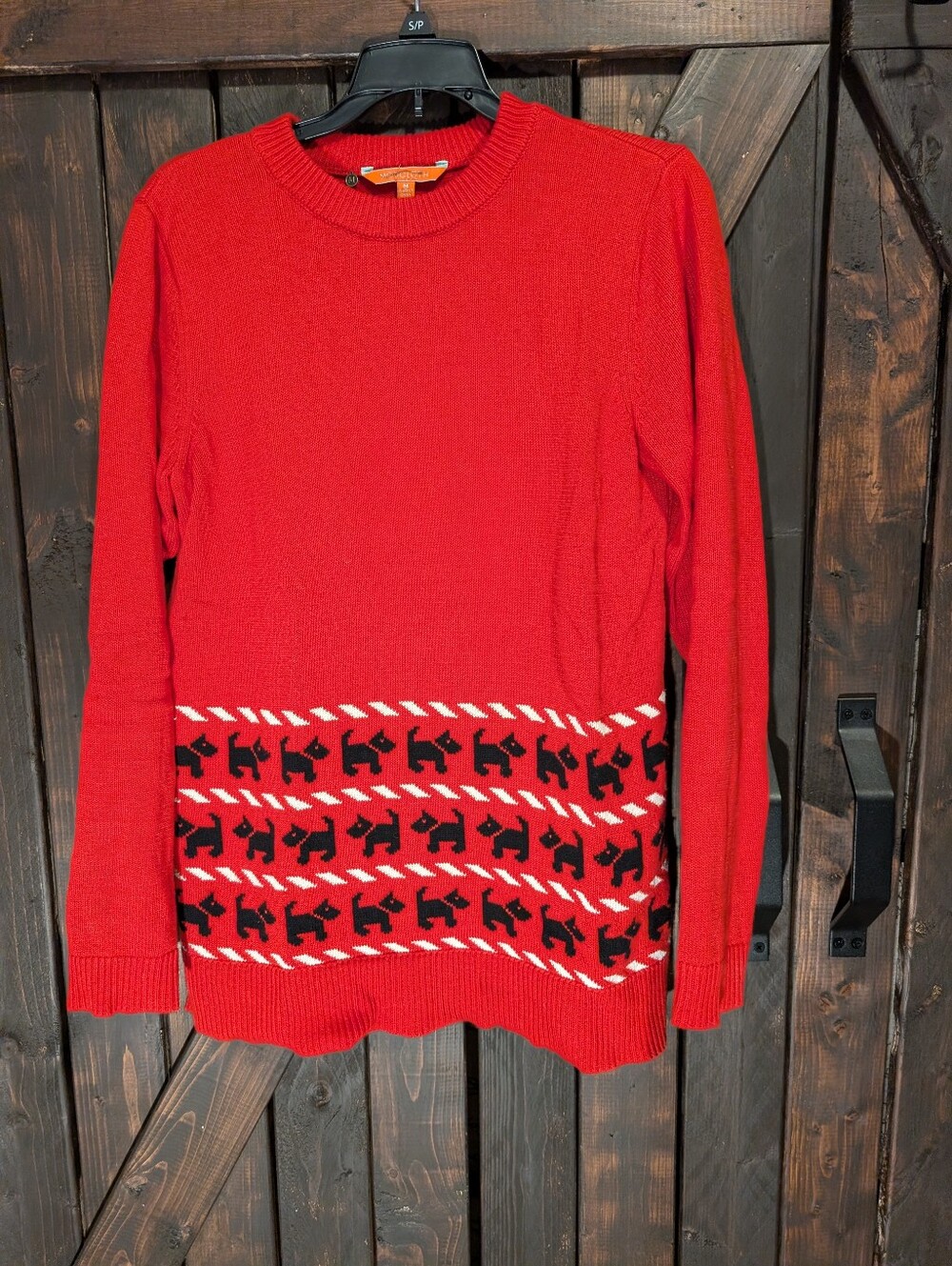 Modcloth Red Crewneck Sweater with Black Dog Pattern, M